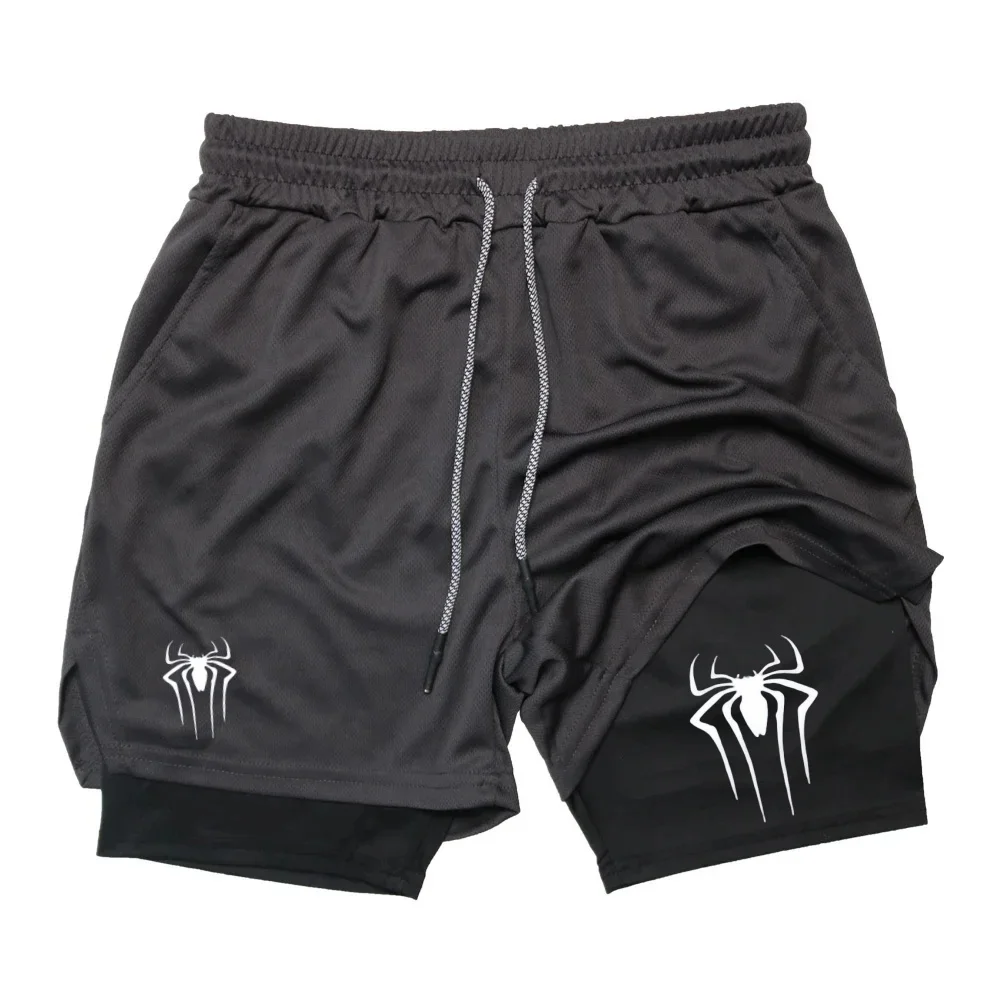 2024 Shorts for Men Summer Spider Printed GYM Casual Sports Compression Shorts Workout Running Mesh 2 in 1 Sport Short Pants