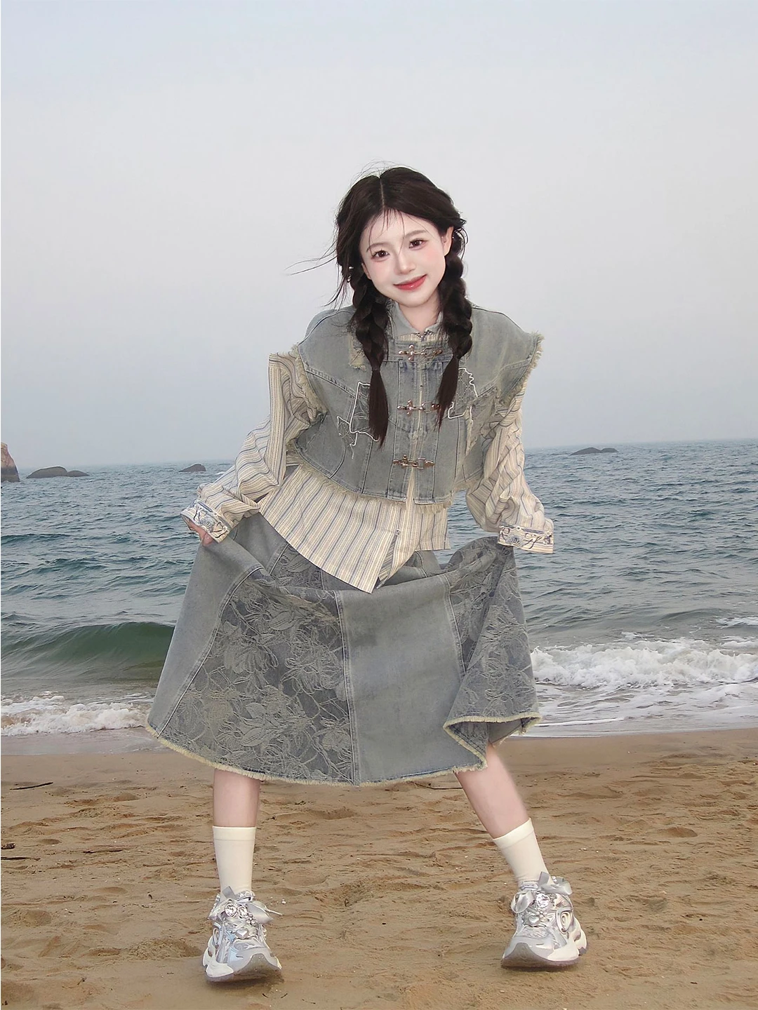 New Chinese Style Hanfu Denim Set Buttoned Vest Shirt Half-length Skirt Commute Ready Improved Version Women's Fashion Set