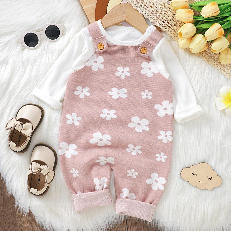 Infant Baby Girl Rompers Jumpsuits 0-18m Newborn Pink Floral Knit Playsuits Overall All Seasons Outwear Toddler Outfit One Piece