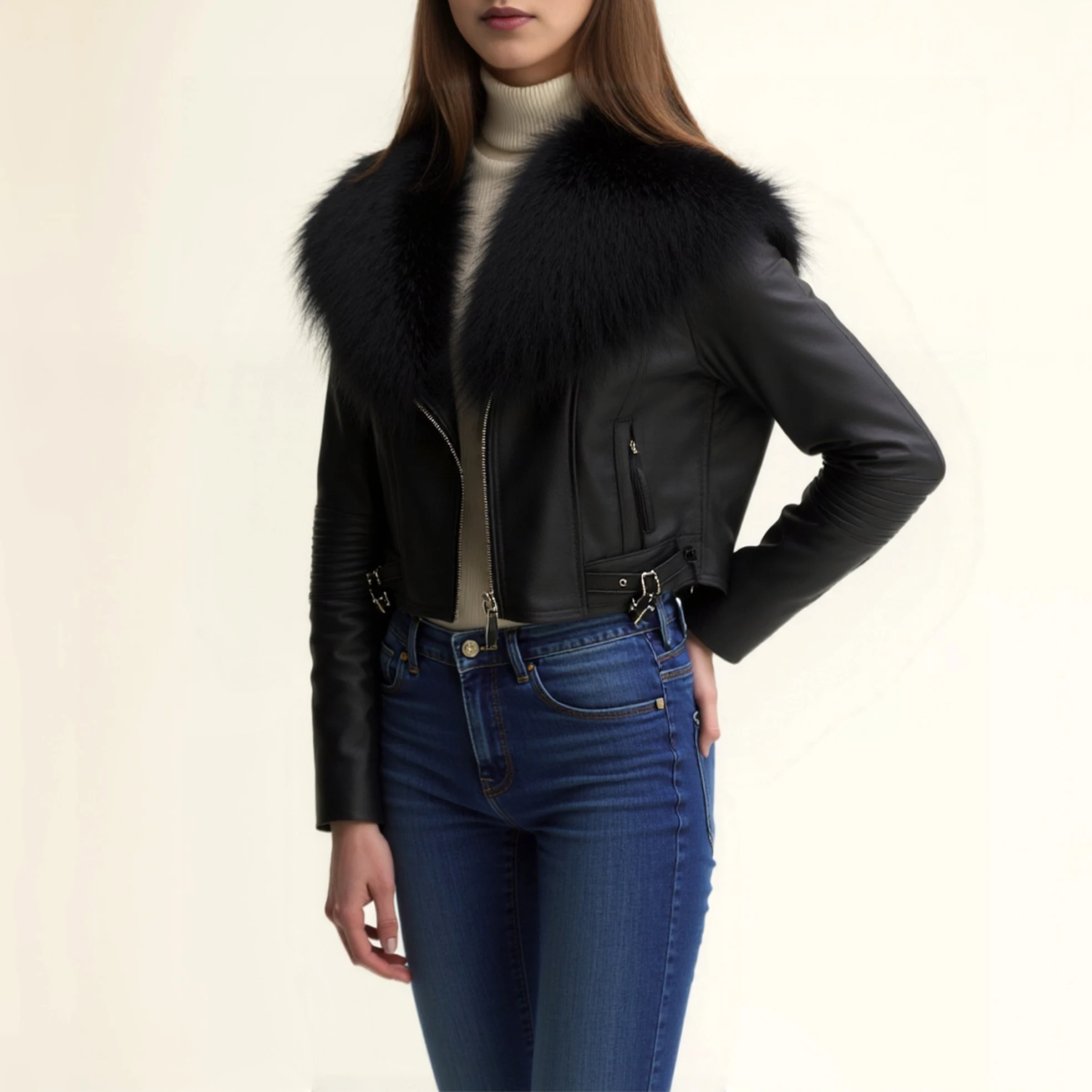 

Женское черное кожаное пальто, куртка из натуральной овчины, короткий плащ с очень большим воротником из меха енота