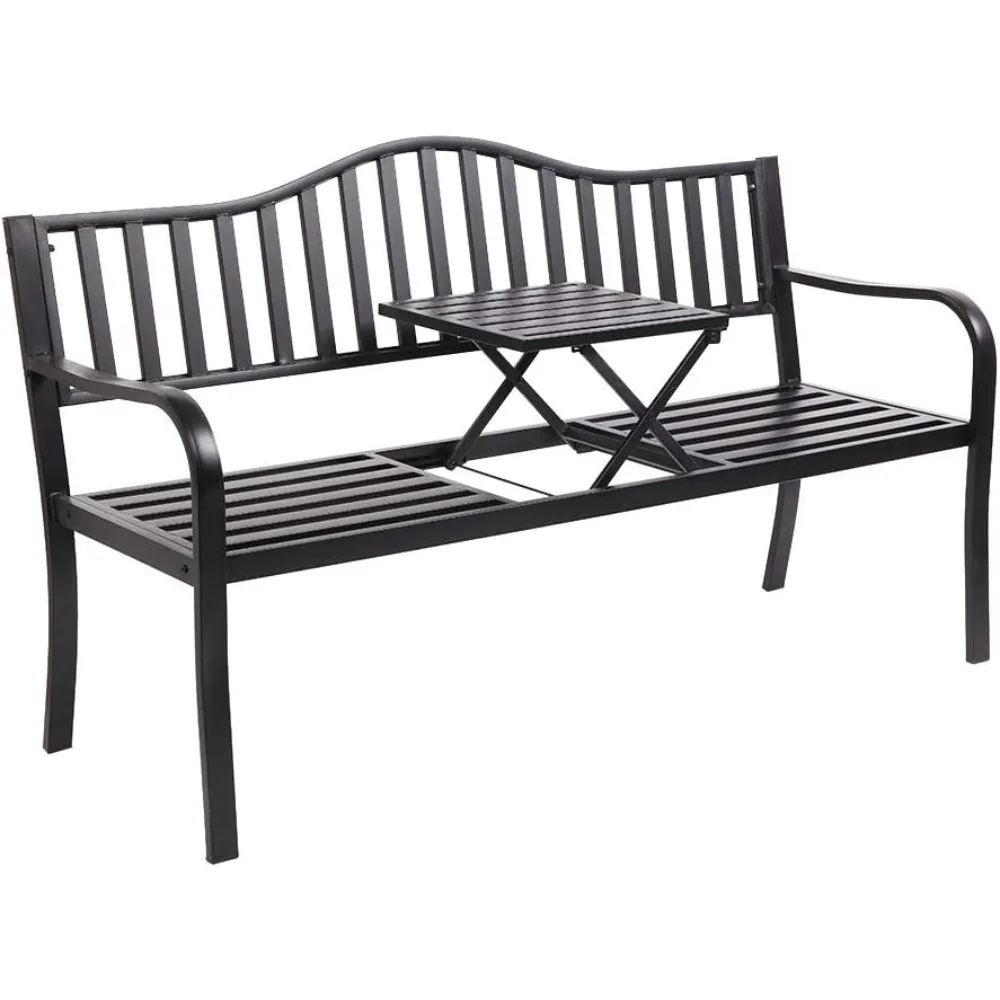 

Outdoor Metal Bench Patio Bench with Built in Table Park Bench Garden , Outside Benches Weather Proof Front Porch