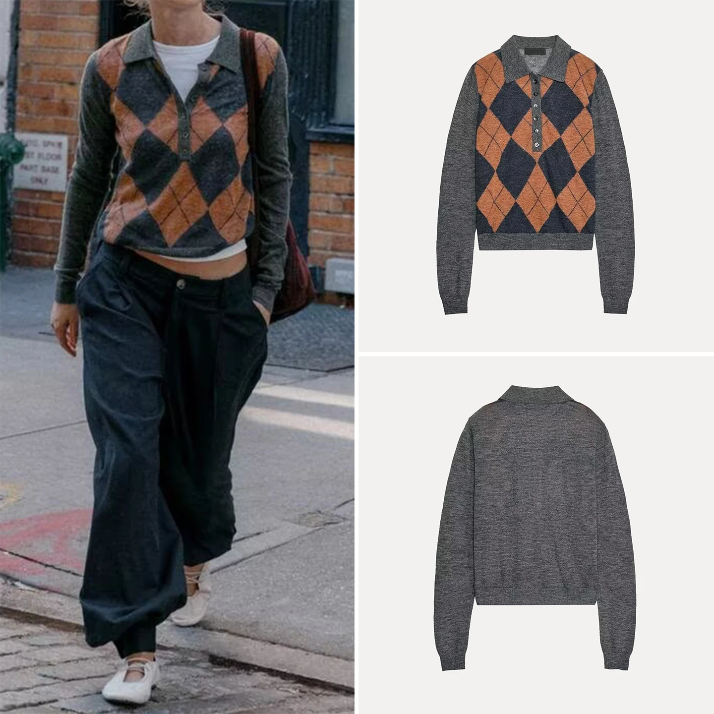 

Z женский вязаный irt Faionable Diamond Pattern ort Sve Long Sve с отложным воротником, осеннее новое поступление