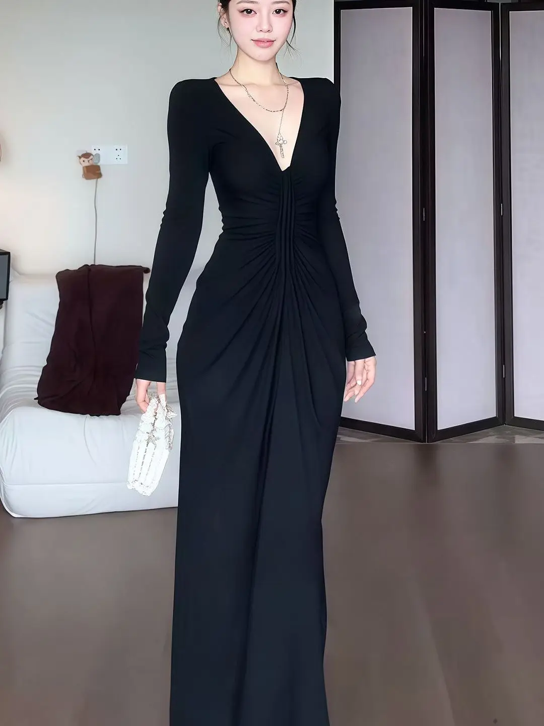 Pure Desire Long Sleeve V-Neck Dress Women's Neck Hanging High Waist Slimming Long Dress Spring New Style Drawstring Folded