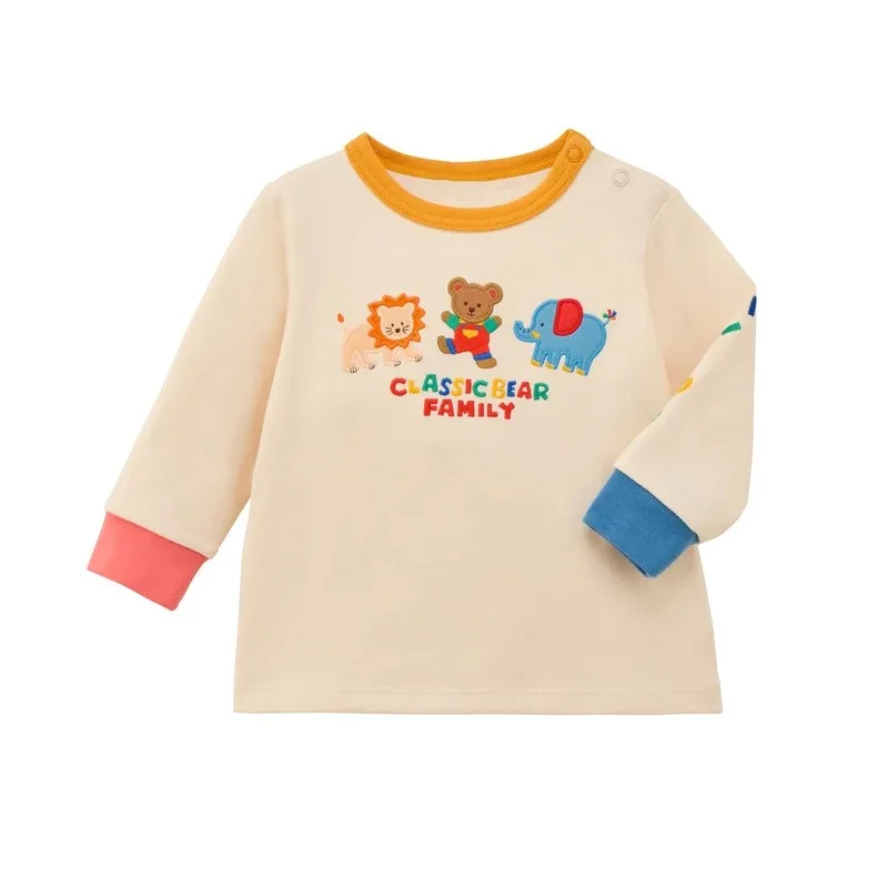 Kids Spring Autumn Long Sleeve T‑Shirt Japanese Style Cartoon Bear Friends Color Block Tops Toddler Round Neck Basic Undershirt