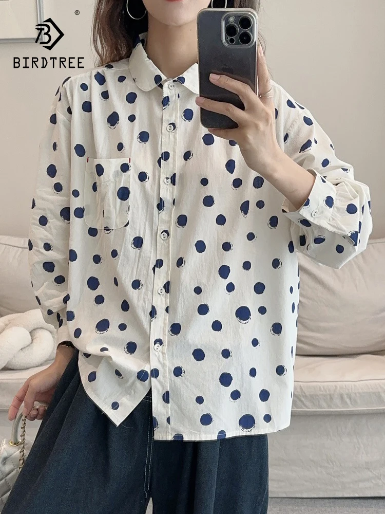 

Новая женская хлопковая блузка с длинным рукавом на весну 2026 года, с отложным воротником и принтом в горошек, в стиле Mori Girl (японский стиль), повседневная свободная модель T61382CC