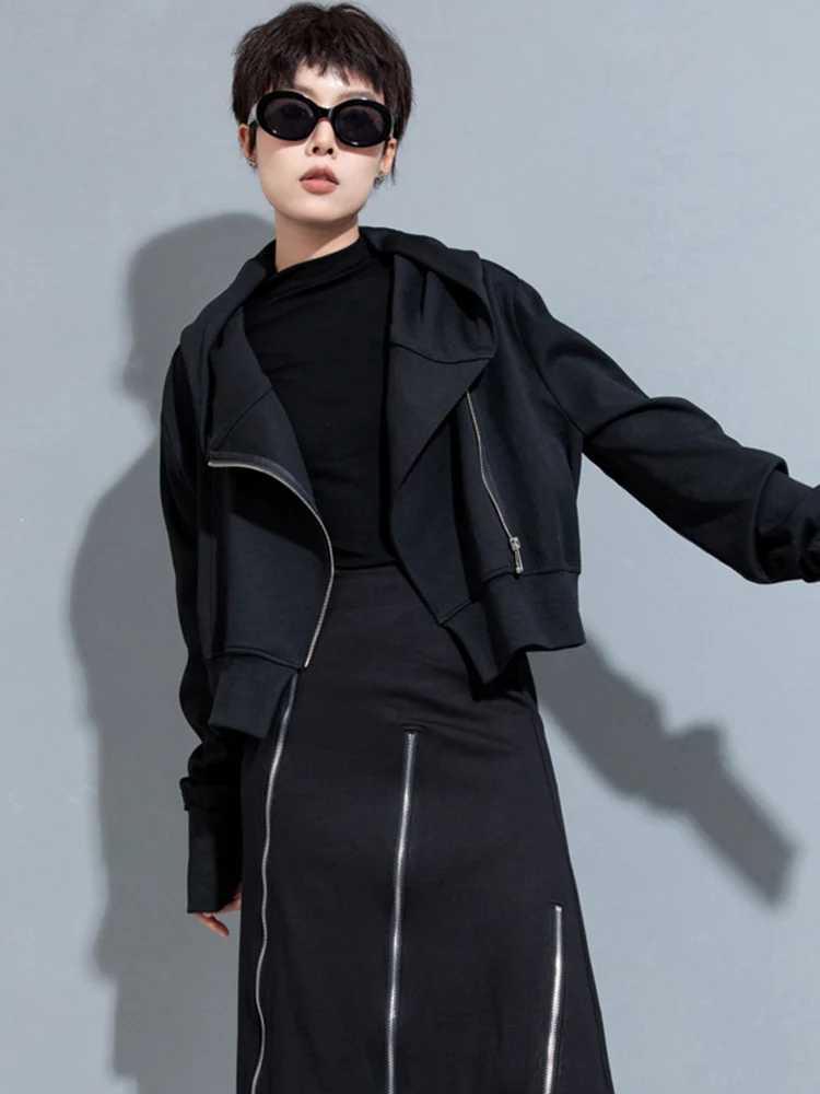 [EAM] Black Zipper Irregular Big Size Short Jacket New Hooded Long Sleeve Women Coat Fashion Tide Spring Autumn 2024 1DH7062