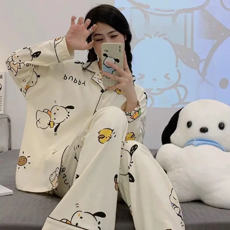 

Sanrio модные пижамы для девочек с длинными рукавами из 2 предметов Pochacco, весенне-осенний стиль, новый стиль, домашняя одежда с мультяшным принтом, хит продаж