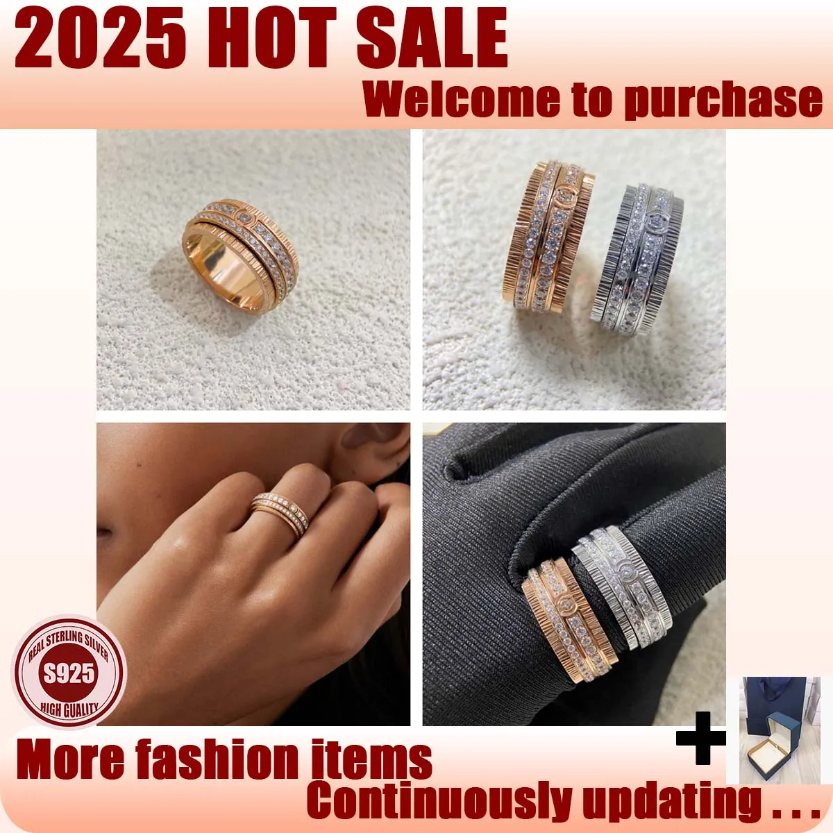 

2025 New Product Light Luxury Elegant Double Row Diamond S925 Silver Versatile Charm Neutral Ring with Box Gift