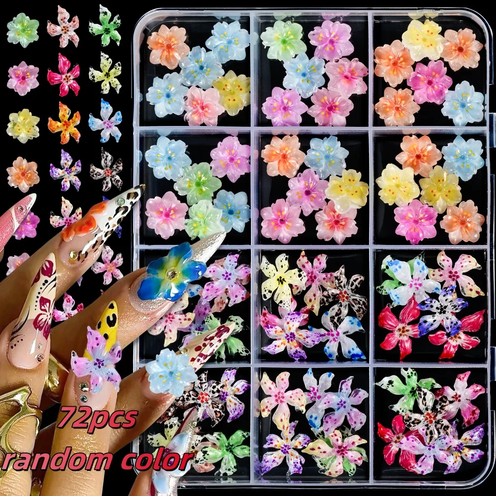 

72pcs Cherry Blossoms Acrylic Flower Nail Charms Mixing Designs of Colorful Lily Flower Nail Decorations DIY Nail Art Supplies *