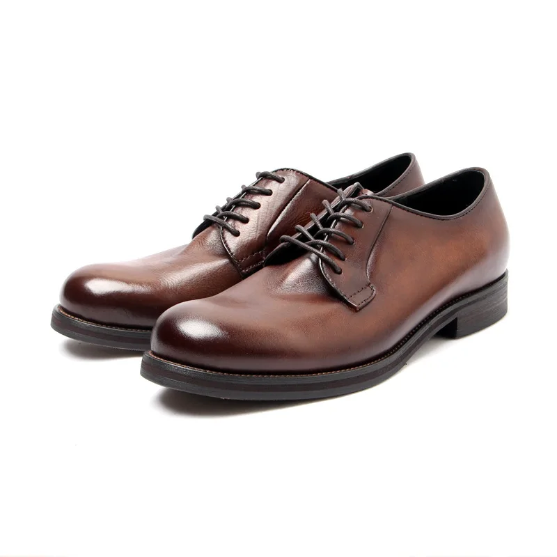 US6-10 Office Men's Soft Top Layer Cowhide Retro Round Toe Leather Shoes British Fashion Trend Businessman Suit Oxfords