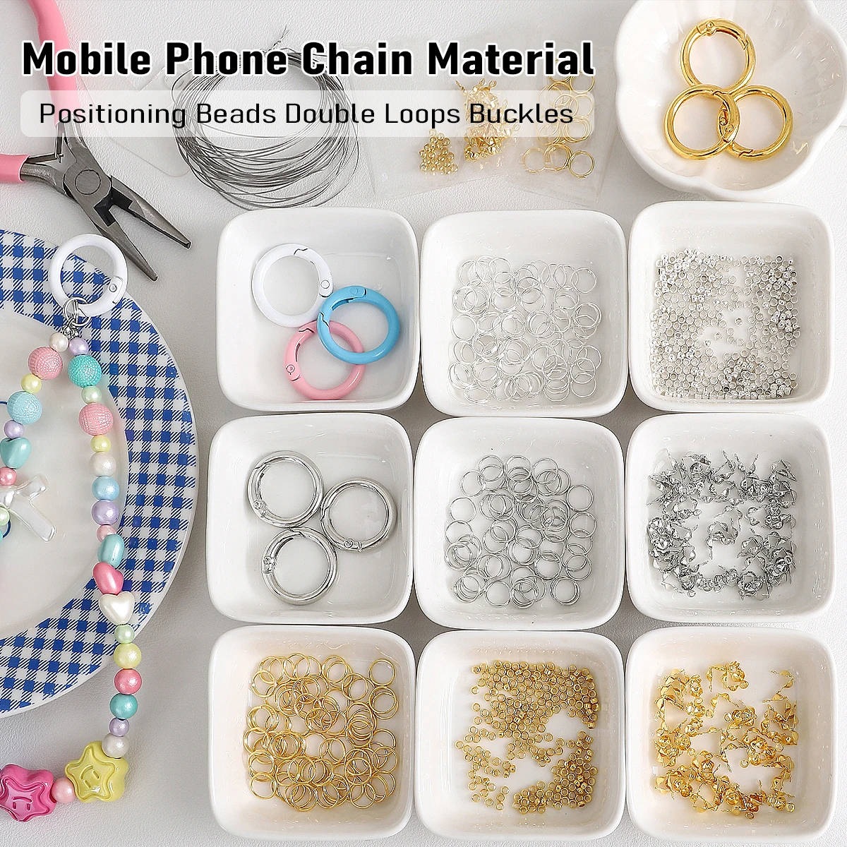 Mobile Phone Chain Material Package(Positioning Beads, Double Loops, Buckles) | Novices making DIY jewelry handicrafts ≈55pcs