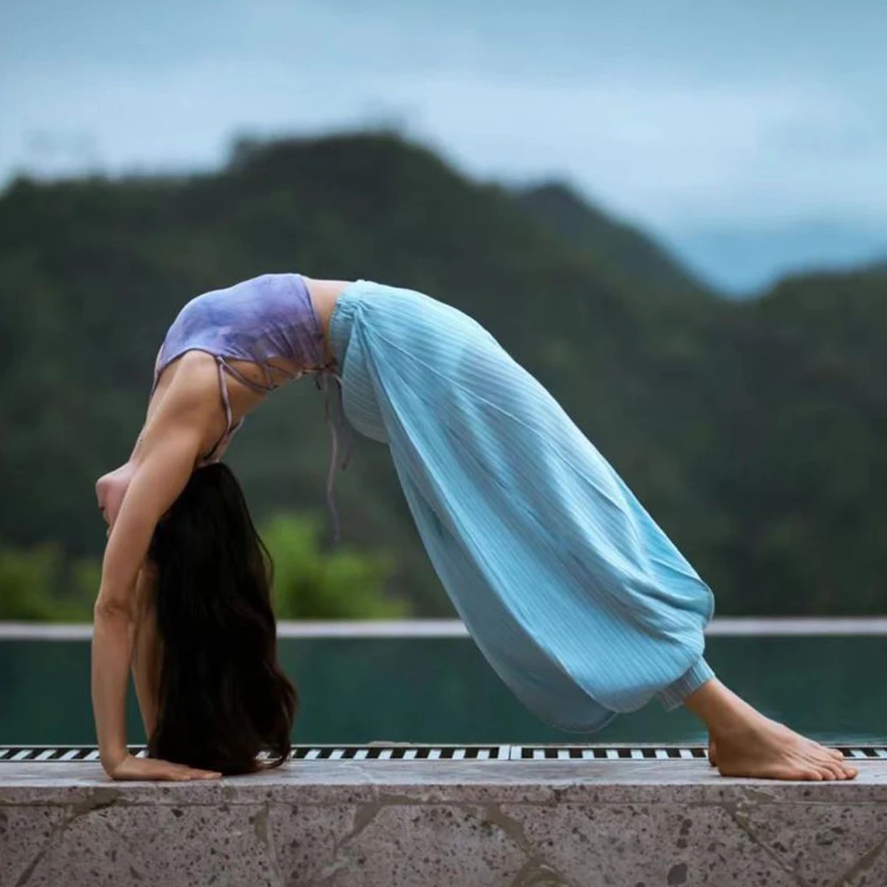 

Dance Loose Leggings Fitn Pants Breathable High Waist Gym Yoga Pante Women Clothing Bell Bottoms Wrinkled Color Sports Trousers