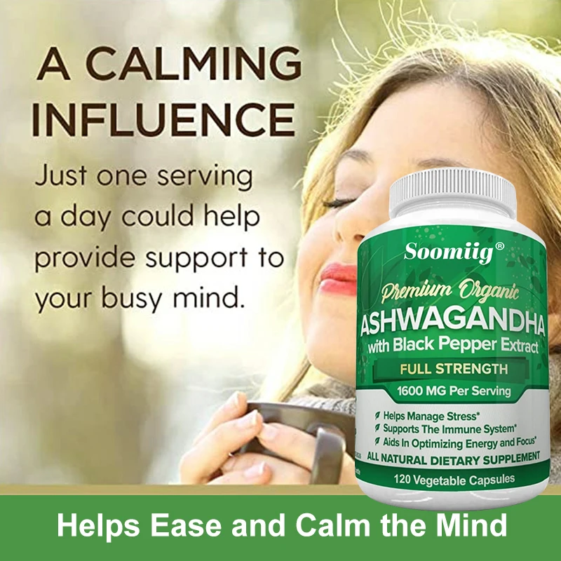 

Органическая добавка Withania Somnifera, 120 капсул, экстракт черного перца для максимального впитывания, снятия стресса, поддержки сна и настроения