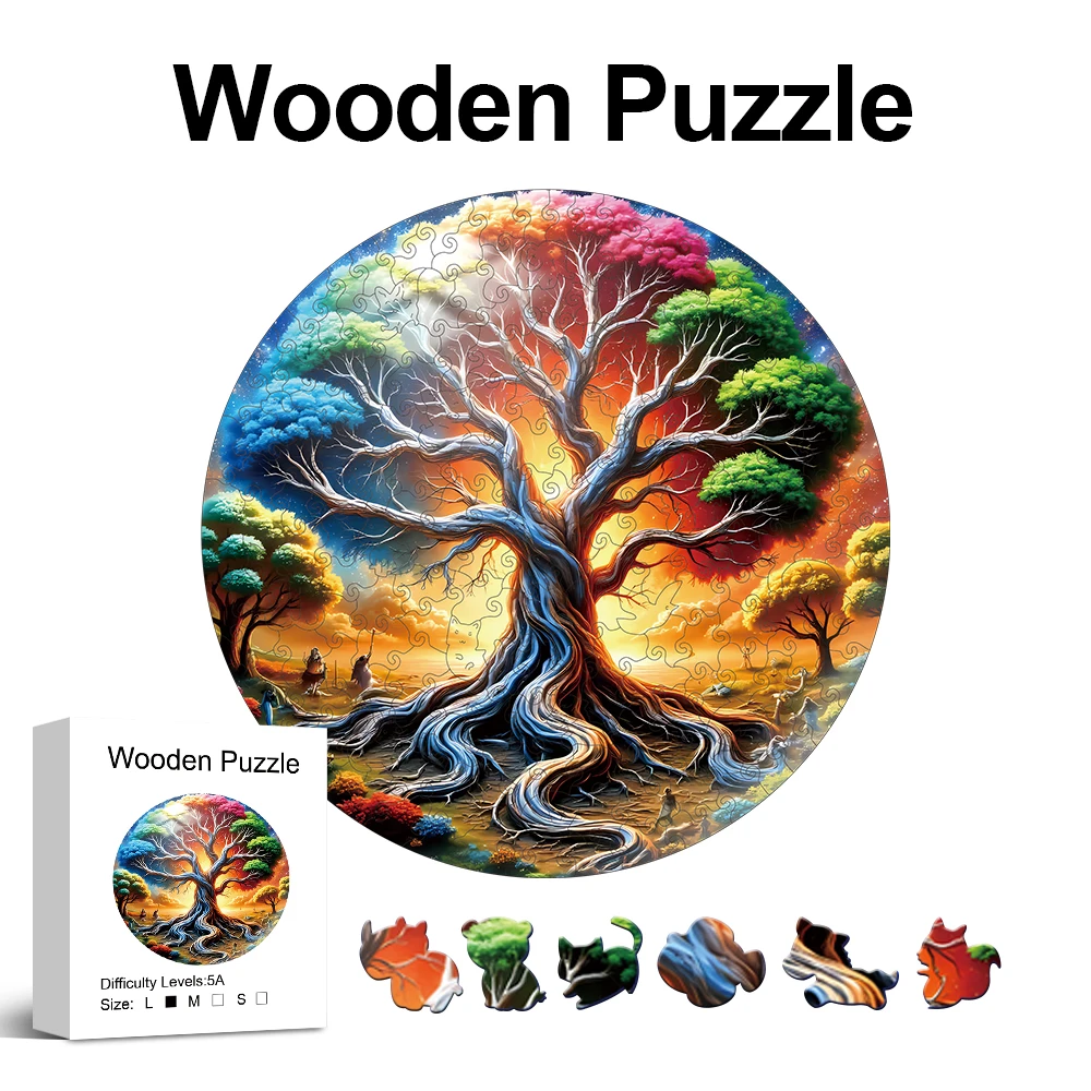 Colourful Tree Wooden Puzzle for Adults, Unique Shaped Pieces, Exquisite Gift Box, Brain Exercise, Room Decor, Holiday Gifts