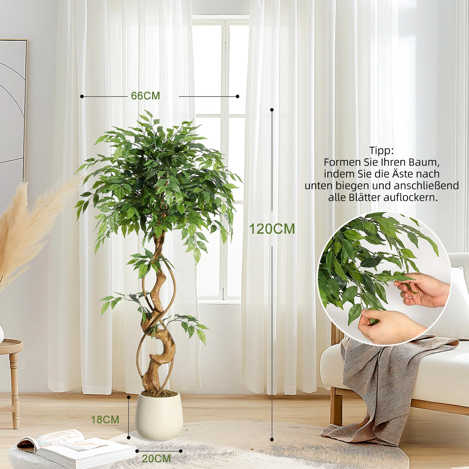 Realistischer künstlicher Ficusbaum mit gebogenem Stamm, lebensechte Kunstseidenpflanze im weißen Topf, dekoratives Innengrün für Zuhause und Büro. – Detail 4