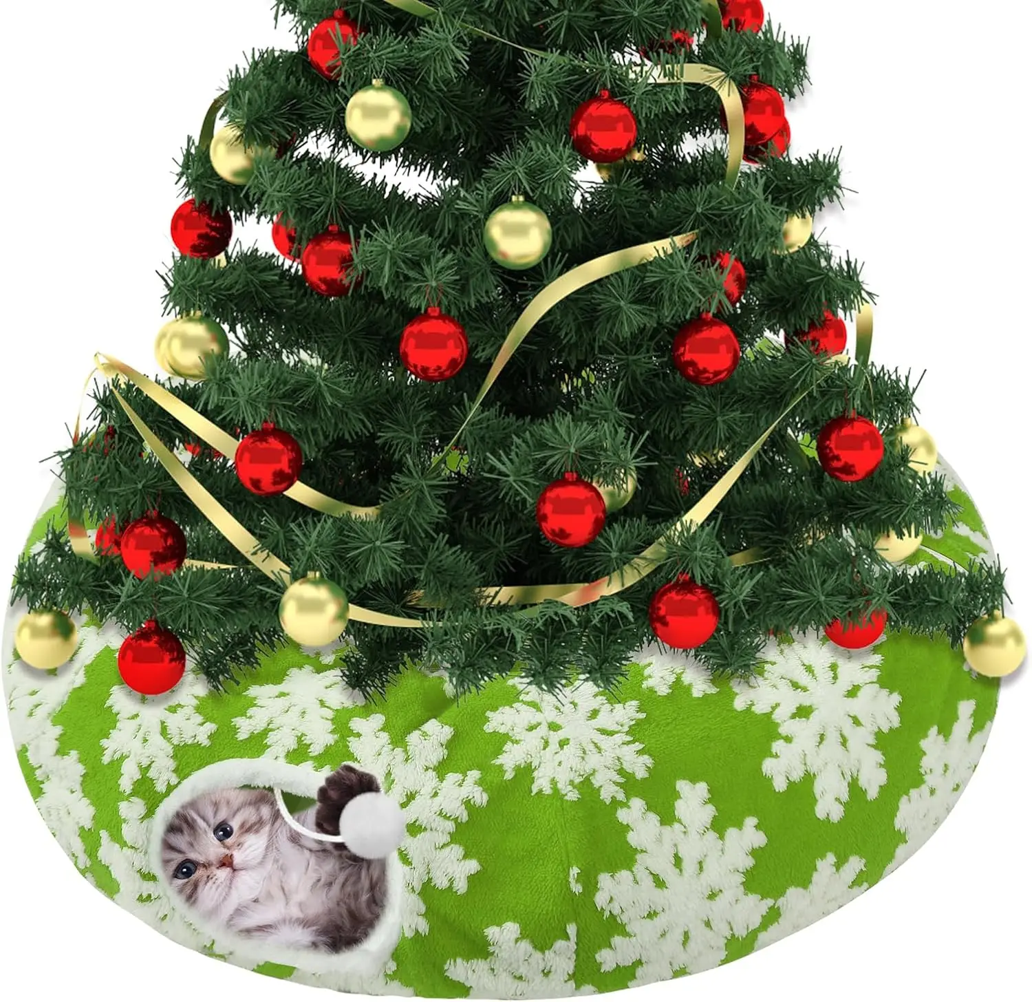 

Christmas Tree Cat Tunnel Skirt for 5-7.5ft Trees - Prevent Falls, Snowflake Pattern, Soft Bed with Anti-Slip Mat