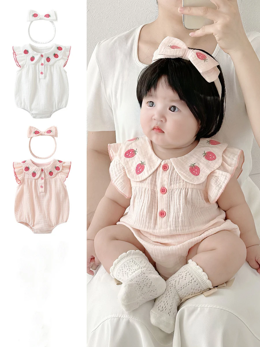 Baby Girl Cotton Gauze Onesie Sleeveless Cute Summer Bodysuit Breathable Baby Clothes for Daily Wear
