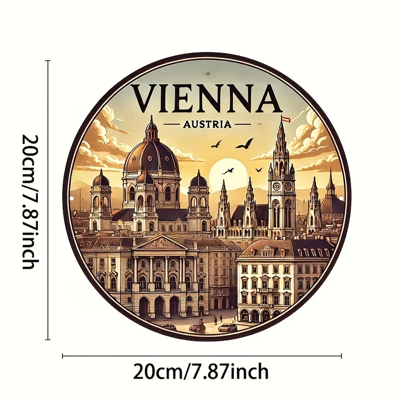[2D Flat] 8x8 Inch Round Aluminum Wall Sign - Vintage Vienna Cityscape Decor with St. Stephen'S Cathedral & Hofburg Palace - Per