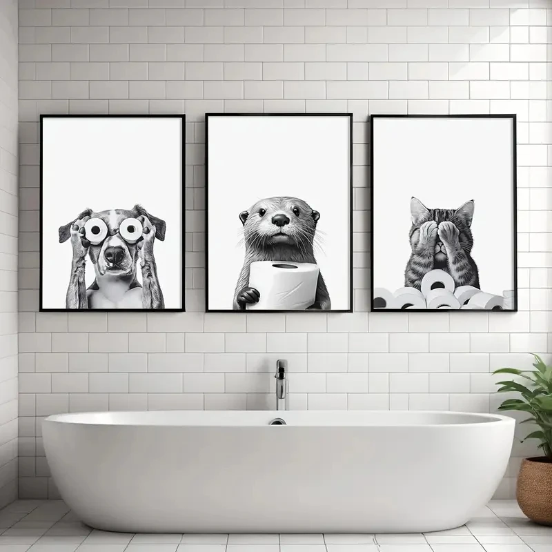 3pcs/Set Pet Animals Such As Cats, Dogs, Otters, Bathroom Canvas Prints, Toilet Paper, Artistic Walls, Modern Home Decoration