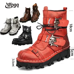 Men's Genuine Leather Motorcycle Thick Bottom Buckle Snow Boots Winter Military Boots Goth Skull Punk Mid-calf Cowboy Boots Red