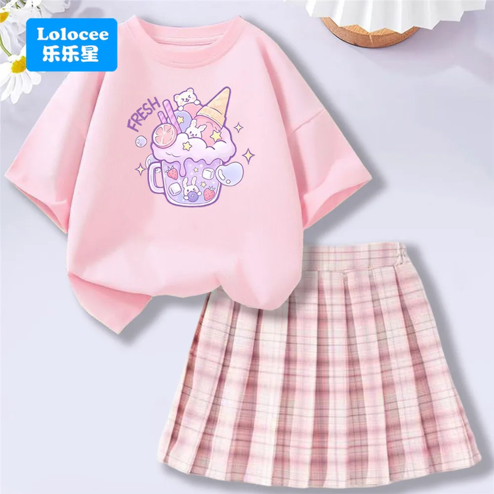 Lolocee Summer Girls' 2 Piece Set,Short Sleeve Fresh Drink & Bunny Print Top + Pink Plaid Skirt Outfit,Trendy Children's Fashion