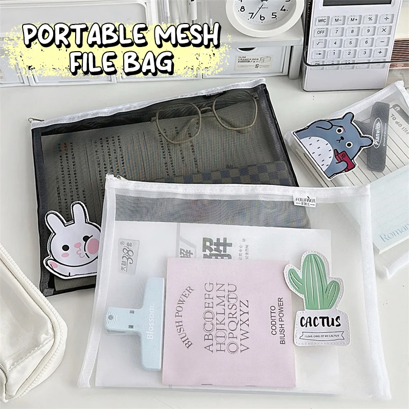 Mesh Zipper File Bag Stationery Storage Pouch Transparent Document Bag Office File Holder School Folder Pouch Office Gifts