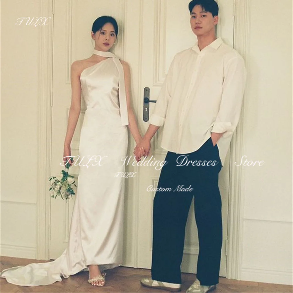 

TULX Elegant Halter Sleeveless Wedding Dress Korea Photo Shoot Mermaid Satin Bridal Gowns Ankle Length Zip 웨딩드레스 Custom Made