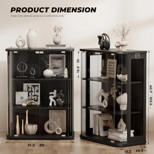 Rounded Display Cabinet with Glass Door, 3-Tier Curio Cabinet with 3 Color Lights for Collectibles, Glass Display Case view 2