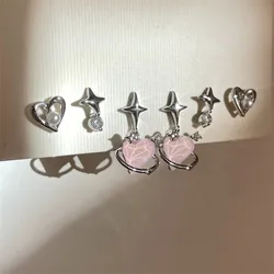 6Pcs Pink Heart Stud Earrings Set Women's Personality Korean Fashion Y2K Pink Crystal Temperament Star Earring Piercing for Ears