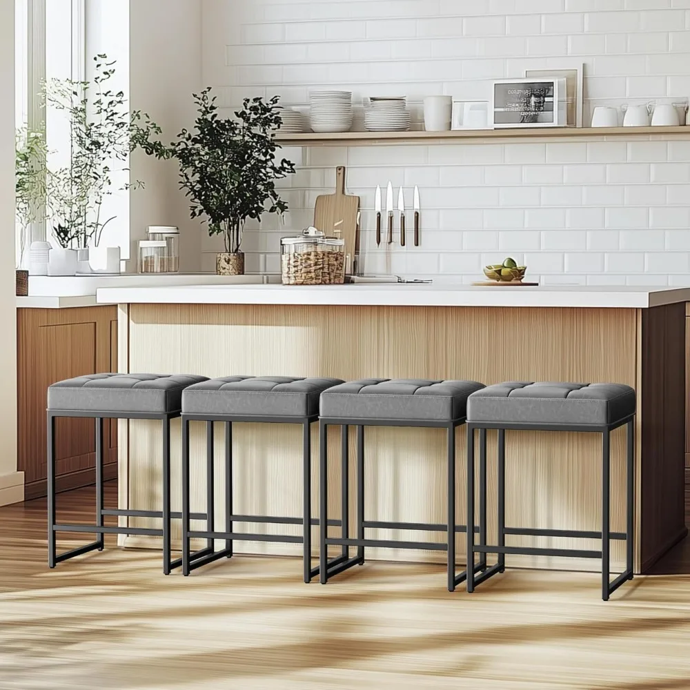 Juego de 4 taburetes de bar de cuero con altura de mostrador, sillas de isla de cocina, 24 pulgadas de alto, asientos cómodos para zona de comedor