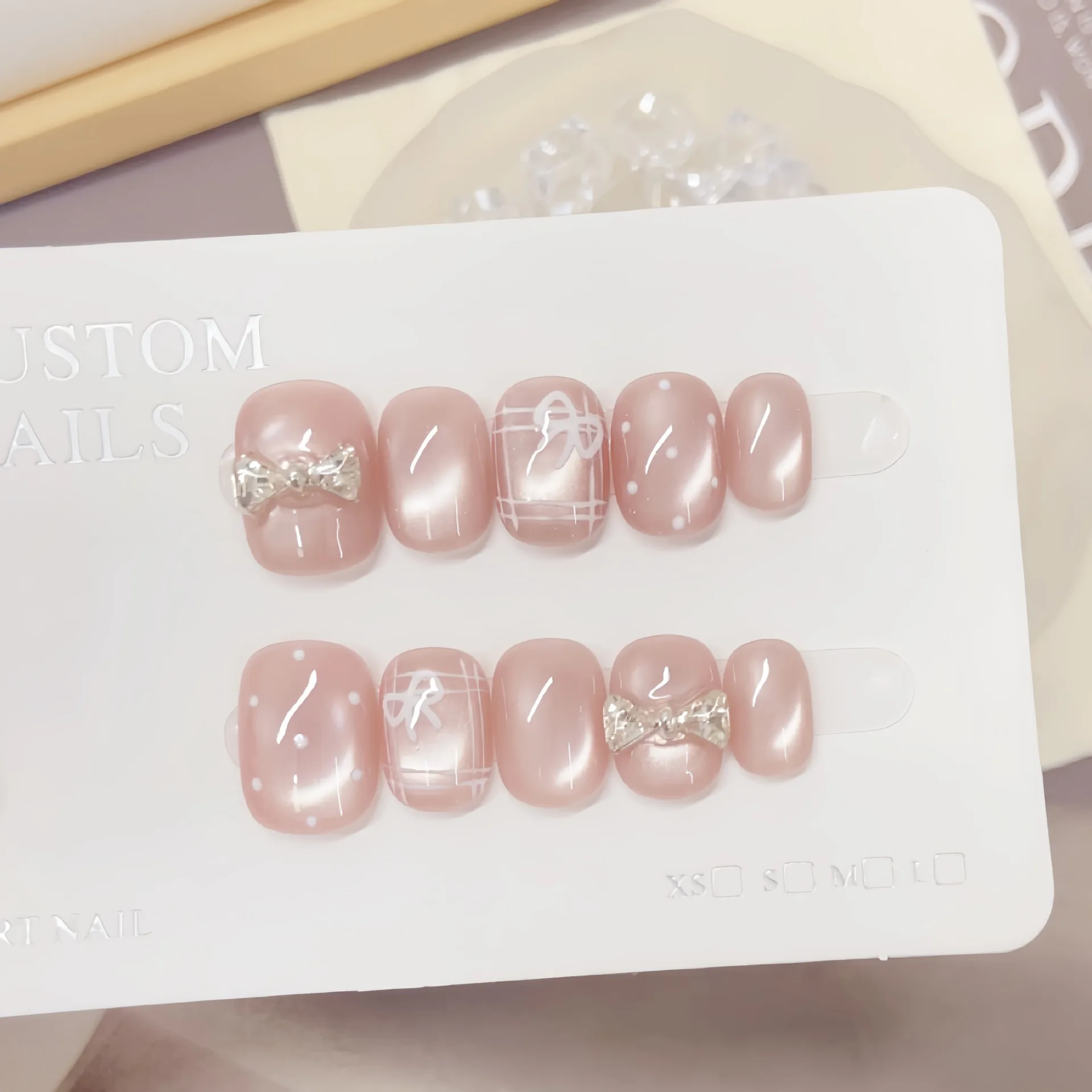 10pcs Handmade Press on Nails Jelly-Style Cat-Eye Checkered Bow Full Coverage Tip for Women&Girl Detachable Wearable False Nail