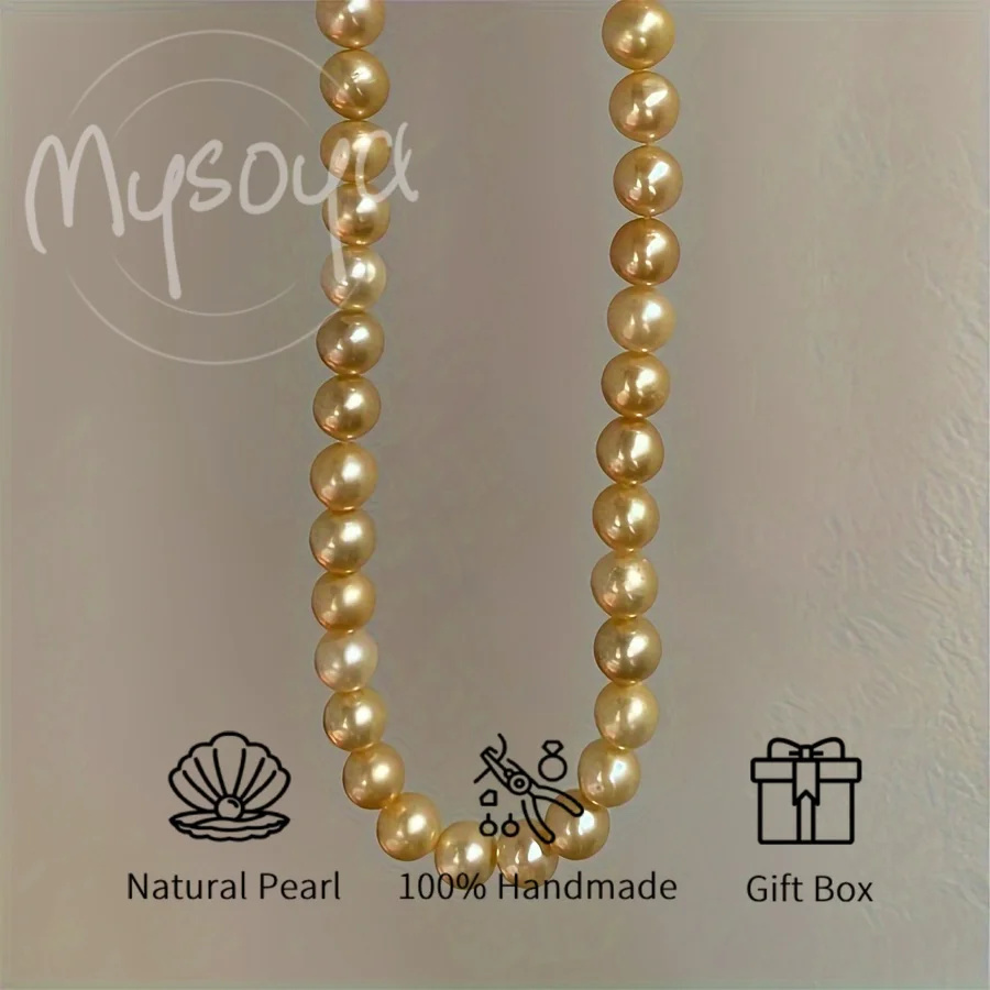 MYSOYA 7-8/8-9 مللي متر عقد من لؤلؤ بحر الجنوب الذهبي واللؤلؤ الطبيعي مع صندوق هدايا مثالي لحفلات الزفاف وأعياد الميلاد وعيد الميلاد والعام الجديد #1