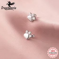 TrustDavis Real 925 Sterling Silver Fashion Sweet Cat's Paw CZ Screw Stud Earrings For Women Wedding Party Fine Jewelry DB1138