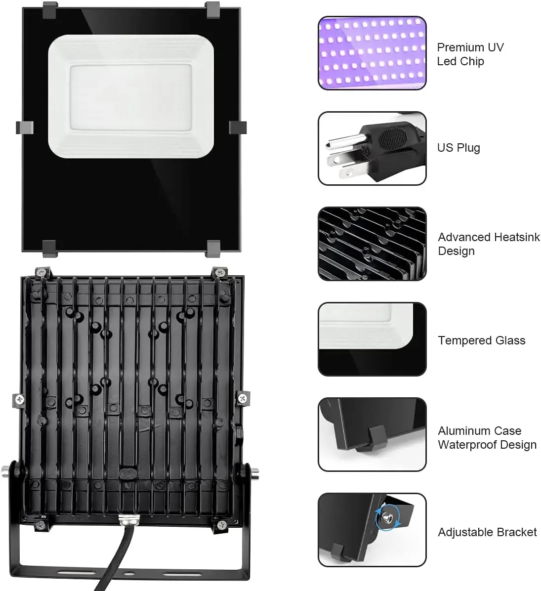 Luces de inundación de luz negra de 600W, luces LED negras de alta potencia para exteriores, reflector de luz negra UV de 395nm resistente al agua, enchufe grande negro