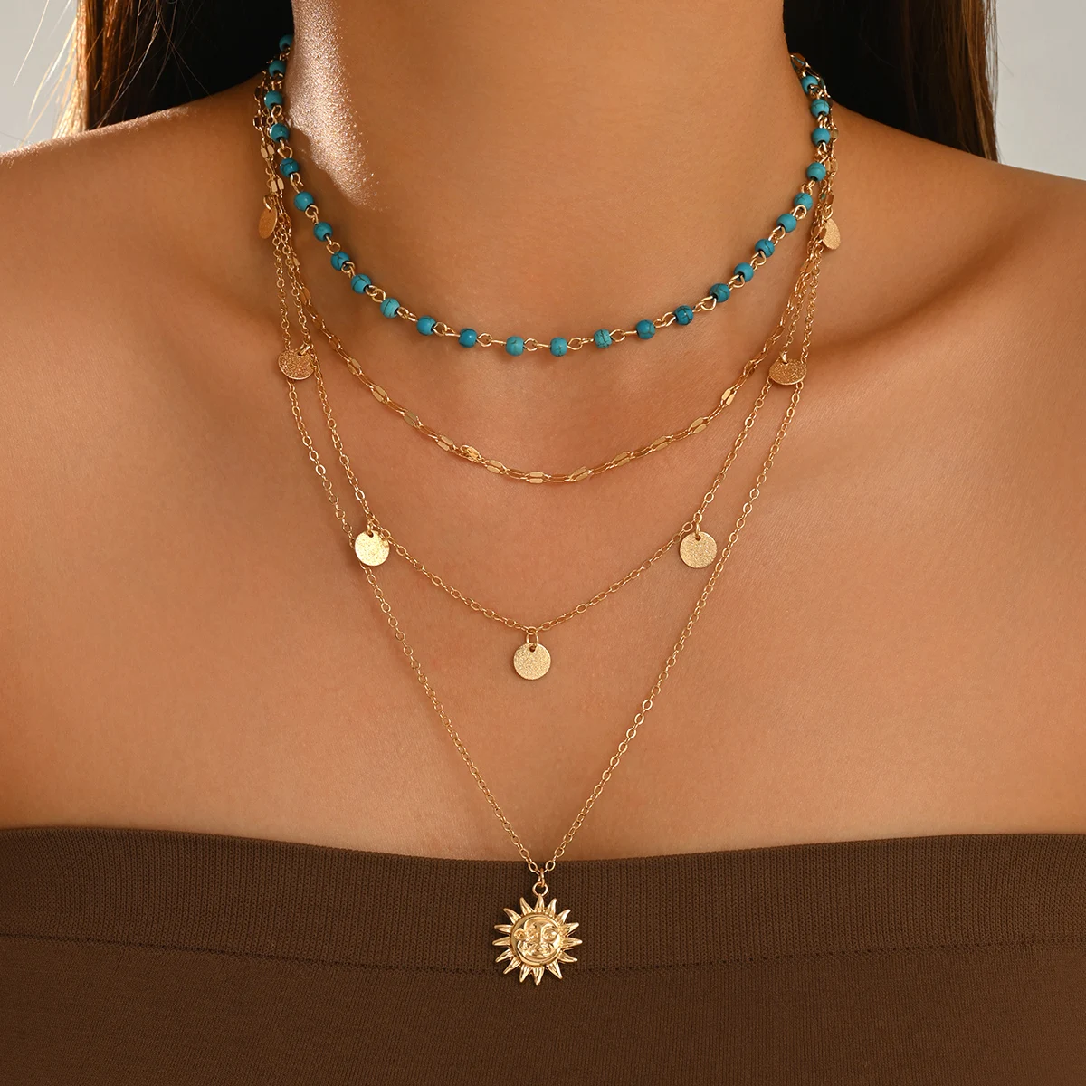 4‑Tier Layered Turquoise Bead Choker Gold Sun‑Shaped Pendant Disc Charm Stackable Adjustable Chain Boho Women Daily Neck Jewelry