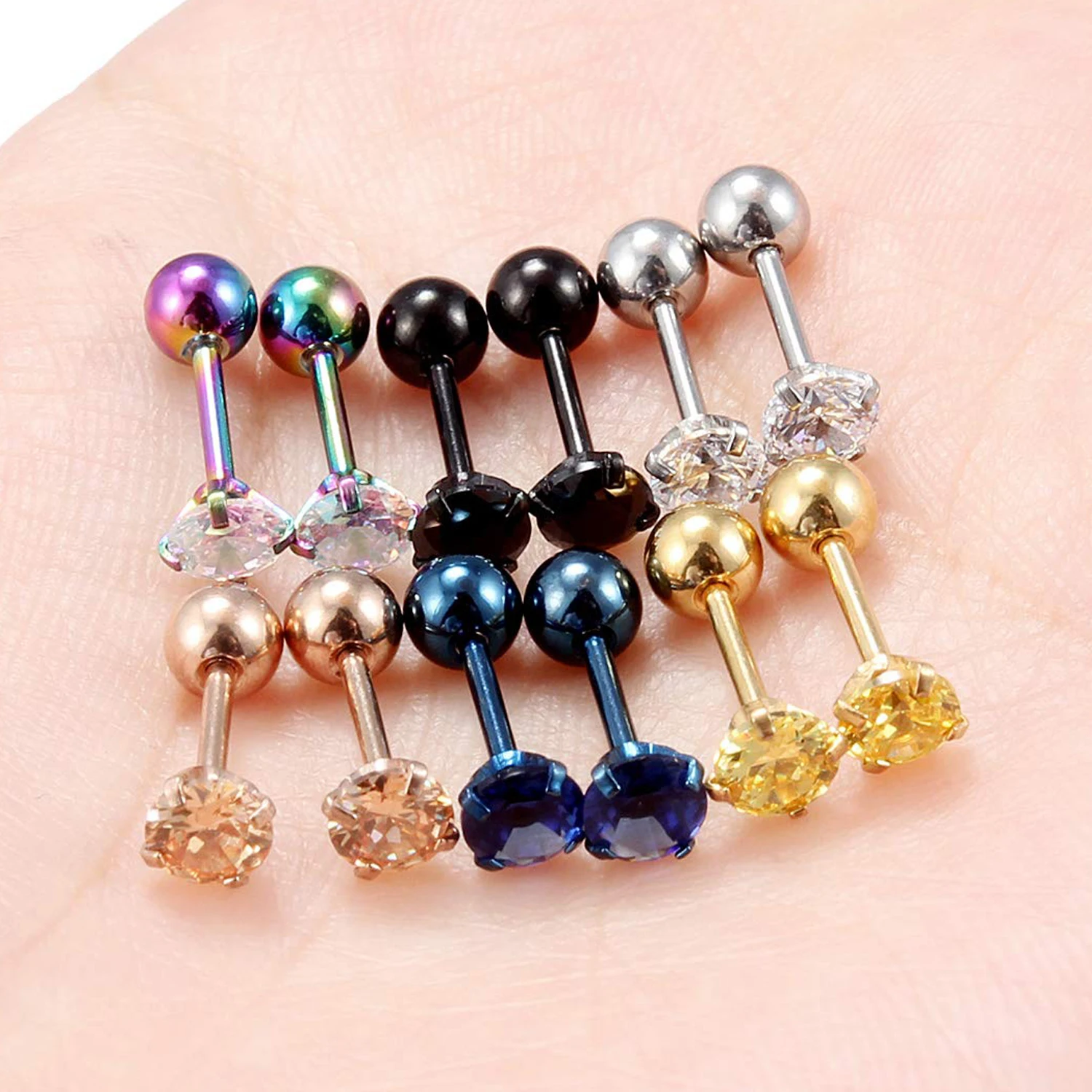 16g Surgical Stainless Steel Cubic Zirconia Studs Cartilage Helix Earrings Screw Backs Ear Tragus Auricle Piercing Jewelry 2-8mm