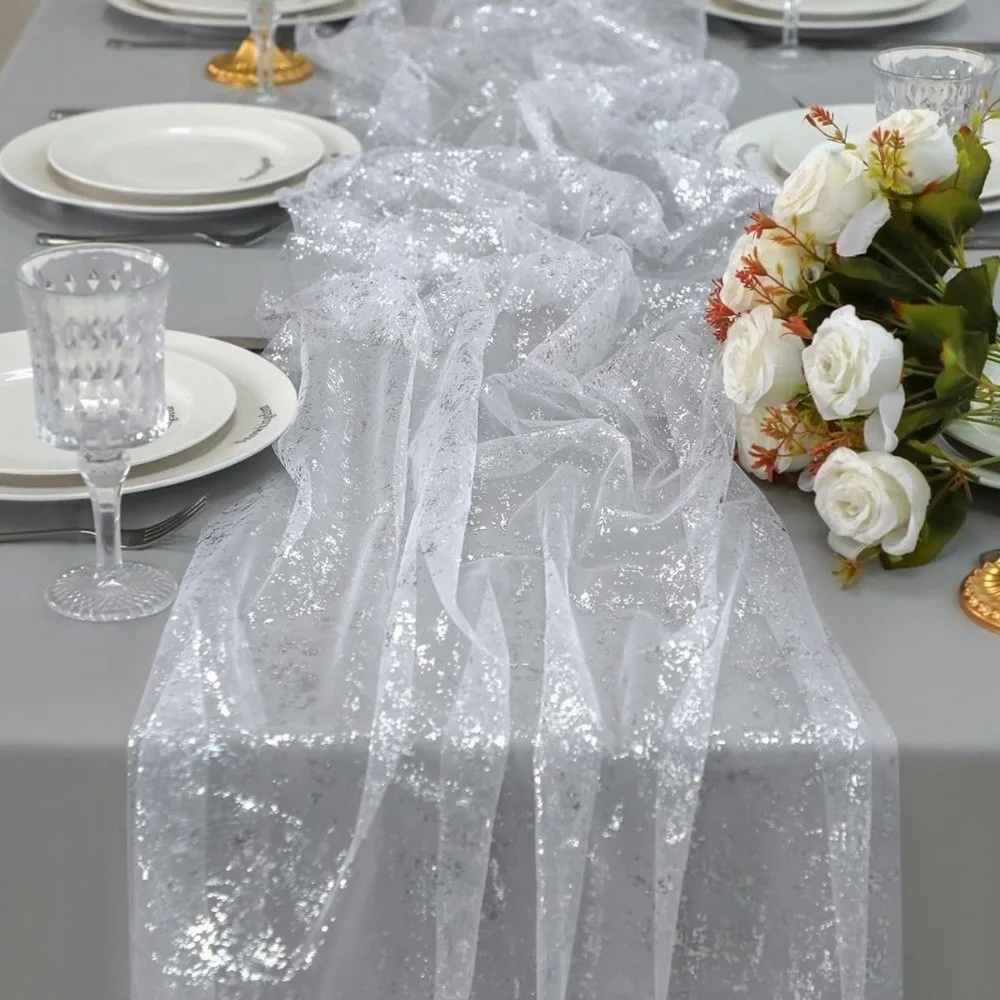 Decorative Metallic Foil Table Runner Sheer Soft Sequin Glitter Table Runner Sheer Chiffon Table Runner Holiday Celebration