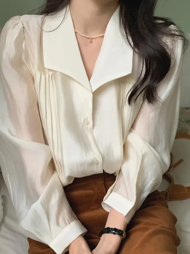 

Ele Chic Women's Loose Fit Bubble Sve irt Single Button Stand Collar Gathered Design Versatile Translucent Spring Fa...