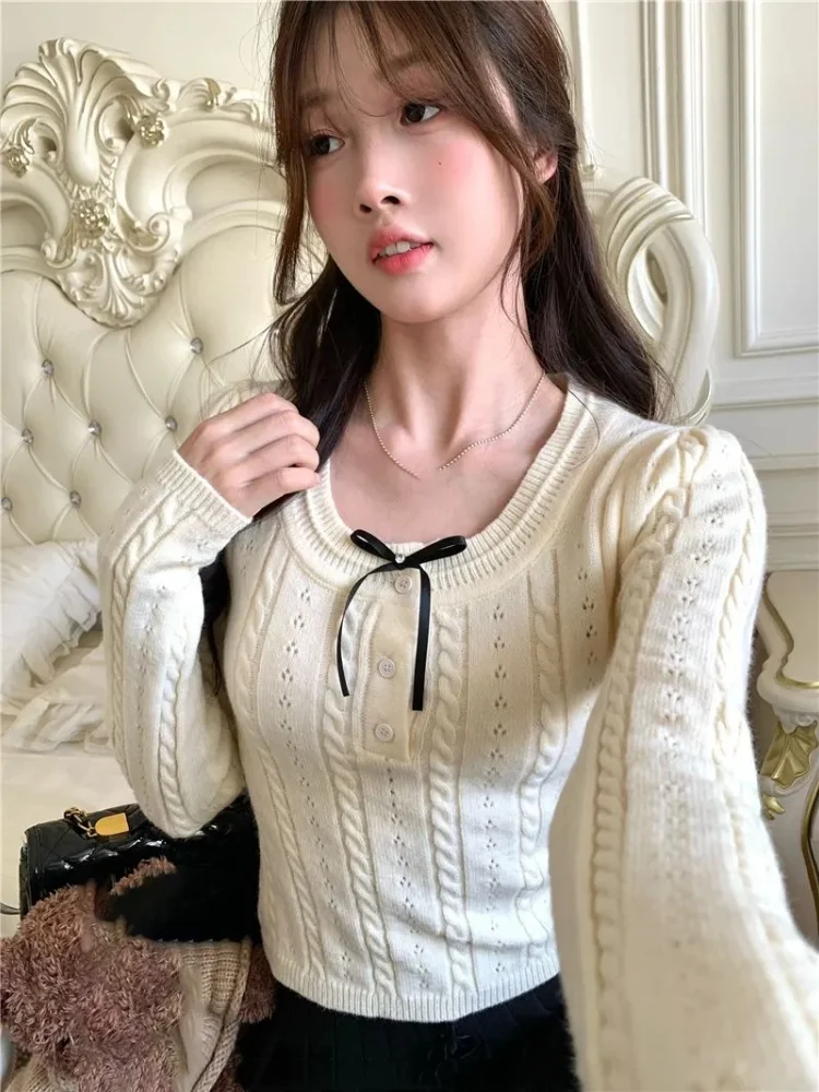 

Sweet Twisted Bow Knitted Pullovers Women Autumn Winter Slim Fit Long Sleeve Y2k Sweater 2025 New Gentle Chic Base Tops