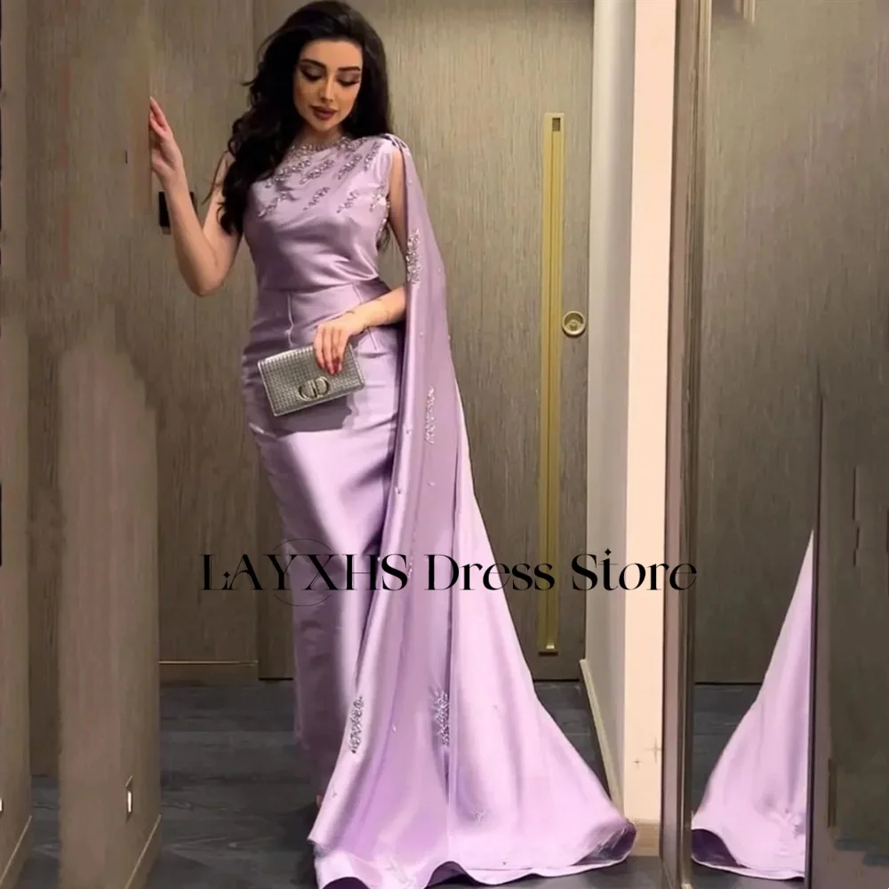 

LAYXHS Элегантные вечерние платья на одно плечо Русалка с накидкой и рукавами длиной до пола, платья для выпускного вечера по индивидуальному заказуفساتين سهرة