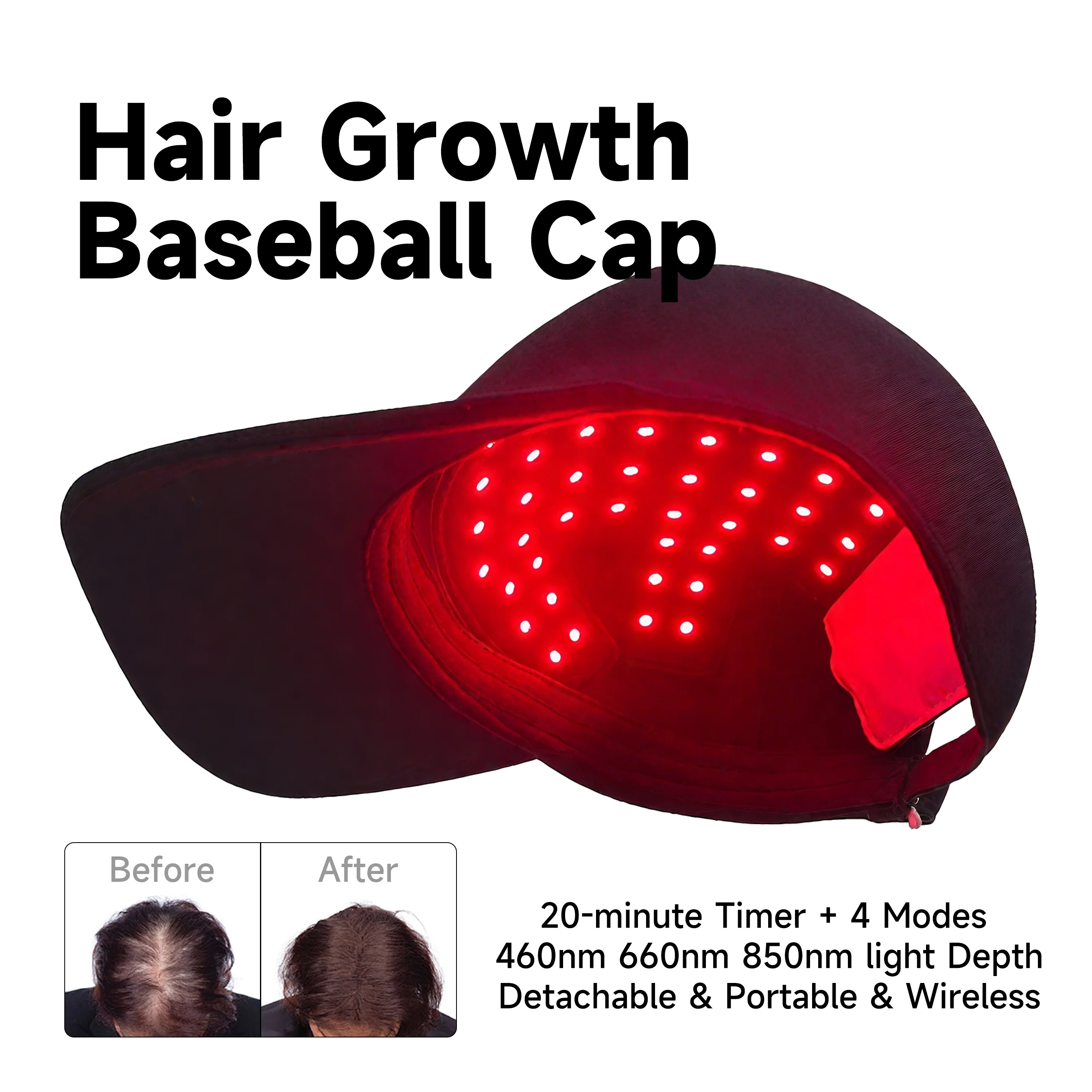 4 Mode LED Infrared Hair Growth Flat Cap 850nm Red Light Therapy Removable Pad Rechargeable Hat Cap Anti Hair Loss Scalp Relax