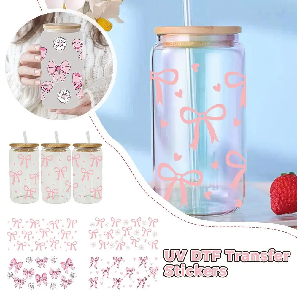 Pink Bow UV Transfers Stickers For 16oz Cup Wraps Cartoon Bow Printed Decor For DIY Glass Ceramic Metal Leather Easy To Use