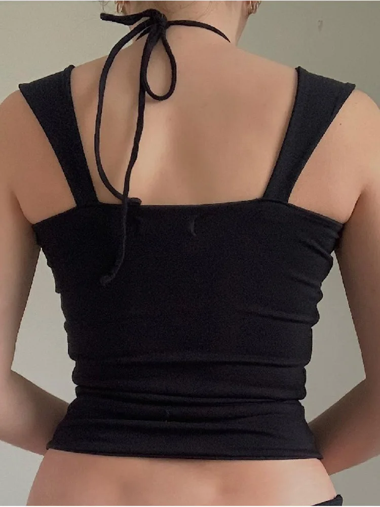 Vintage Black Square-neck Halter Tank Top Sexy Slim Pleated Backless Summer Crop Tops 2024 Women Sleeveless Bodycon Vest