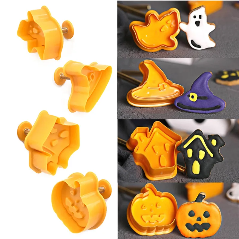 4PCS Halloween Pumpkin Ghost Theme  Plunger Cutter Cake Tools Cookie Mold Biscuit Mould DIY Craft 3D Baking Mold  Cooking Tool