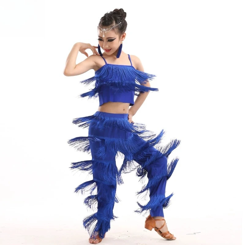

Girls Fringe Latin Dancewear Tassel Set Sling Two-Piece Set Sleeveless Crop Top + Long Pants for Salsa Ballroom Performance
