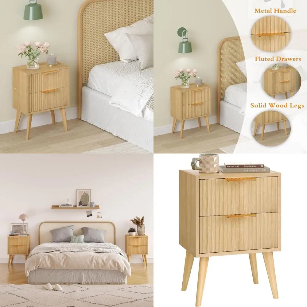 

Two-Drawer Fluted Wood Nightstand, Natural Finish, Suitable for Living Room and Bedroom, Compact CTG55Y