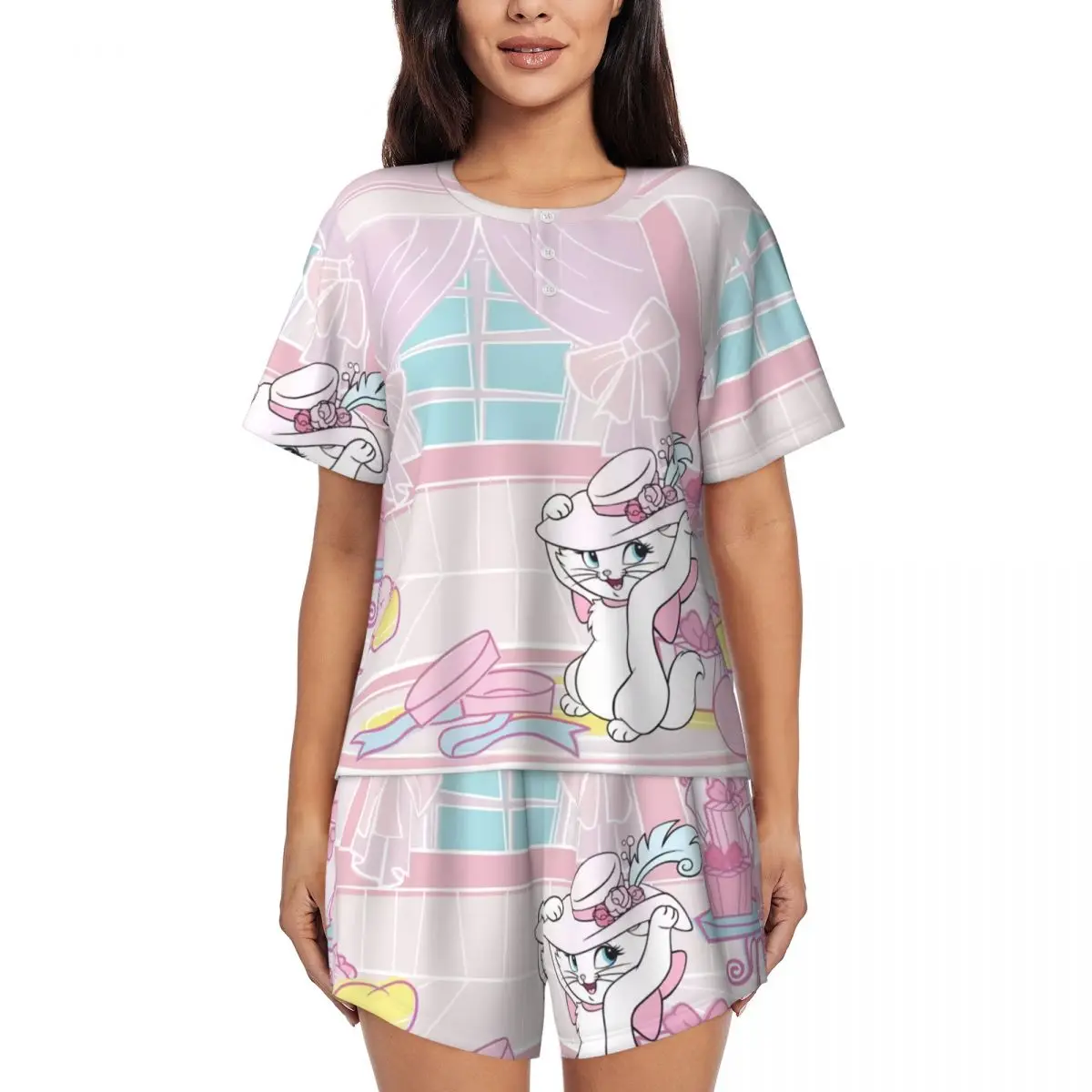 Custom Aristocats Cartoon Marie Cat Pajamas Set for Women 2 Piece Short Sleeve Sleepwear Loungewear PJS Shorts Sets