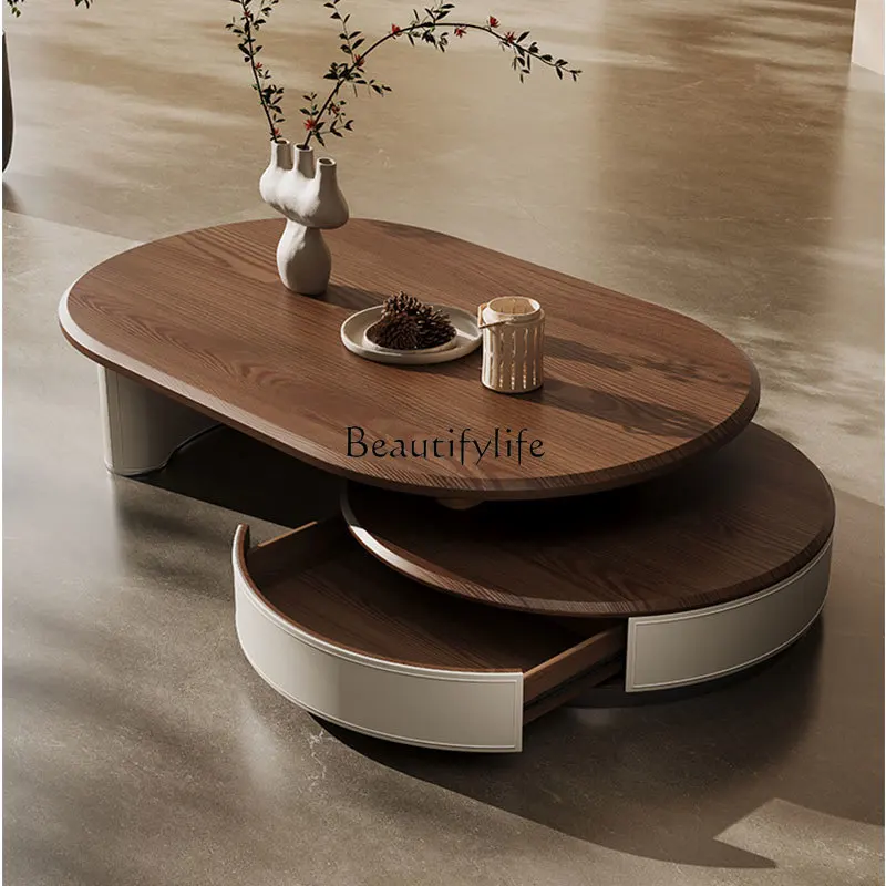 

Retro style walnut pattern retractable round coffee table living room high-end saddle leather medium ancient style coffee table
