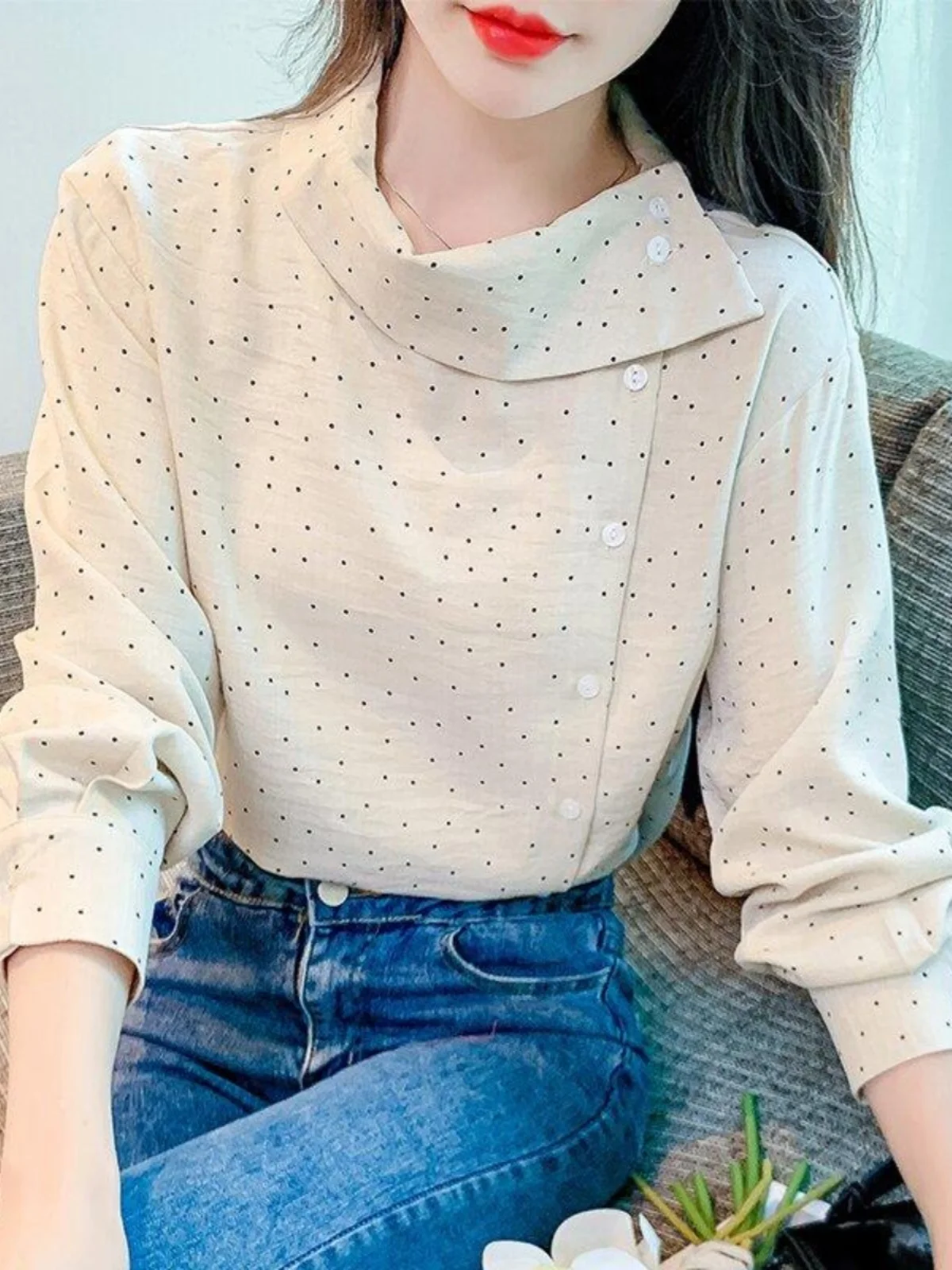 

Элегантная женская рубашка с длинными рукавами в горошек, модная рубашка с боковым воротником, весенняя новинка, прямой крой с высокой талией, корейский стиль