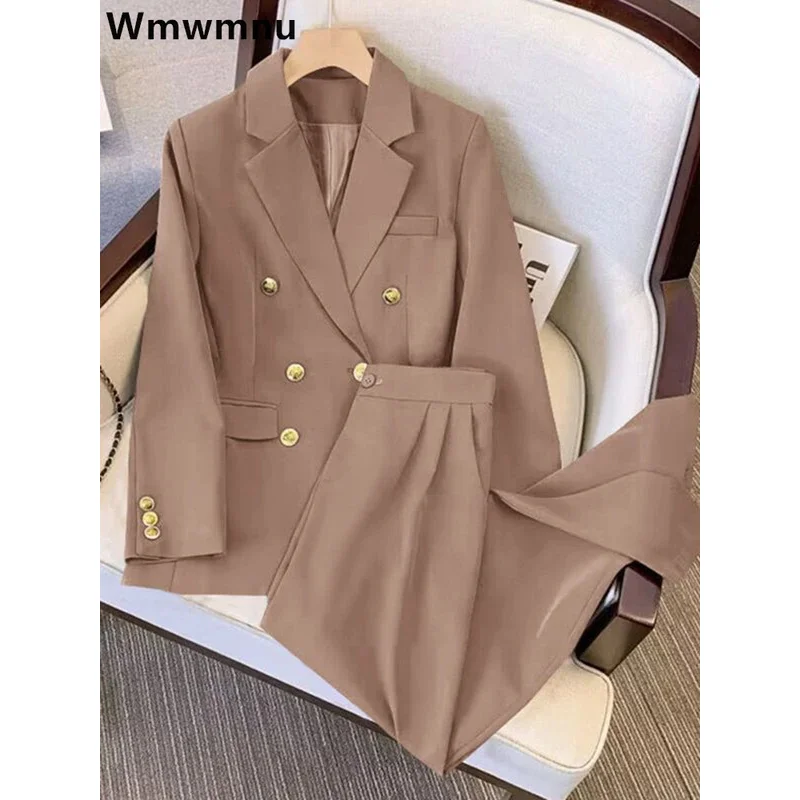 Khaki Office Double Breasted Suits Sets Women Korean New Long Sleeve Blazer Jackets Conjunto Ol High Waist Straight Pants Outfit